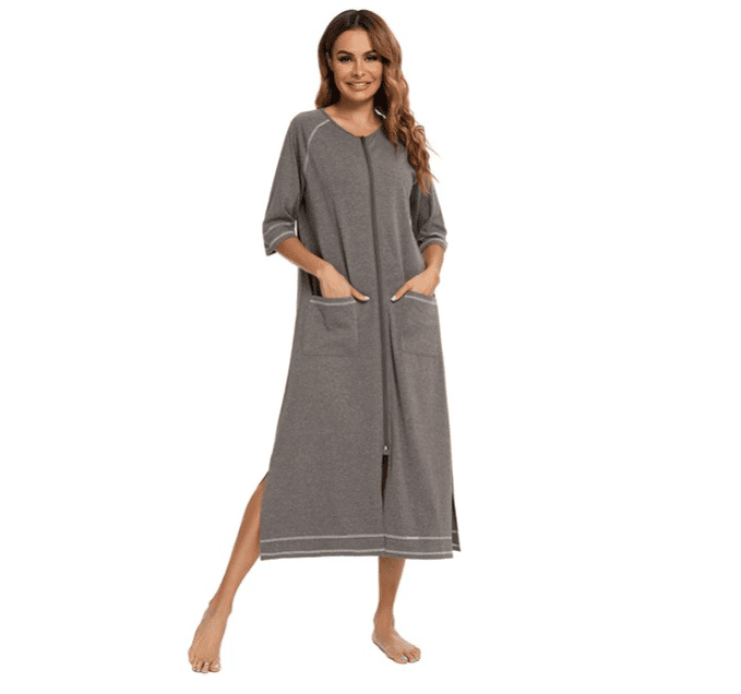 Ekouaer Women Long Nightgown Zipper Front Housecoat Lightweight Sleepwear Soft Robe with Pockets 