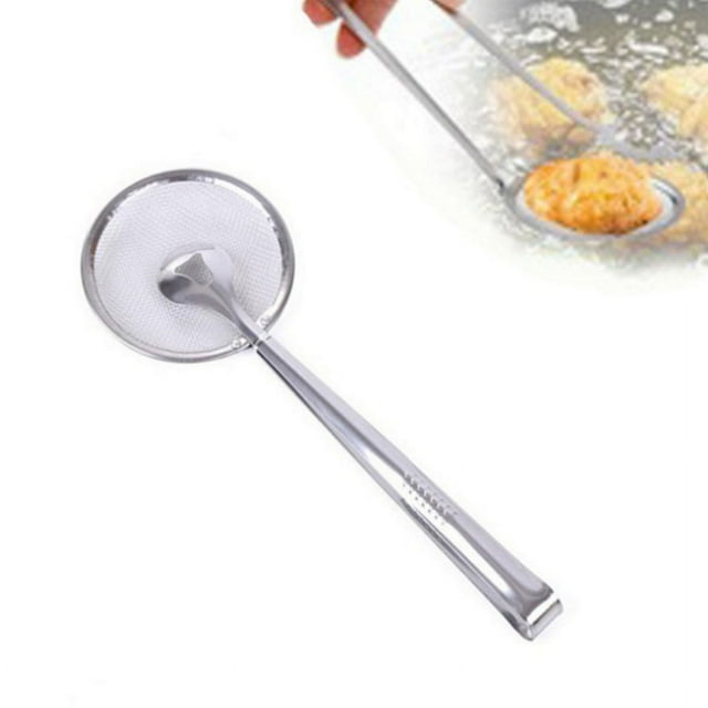 Doublehero Pinzas coladoras de malla fina de acero inoxidable Cuchara de filtro de aceite, colador desnatador de aceite 2 en 1 con clip para filtrar aceite para freír
