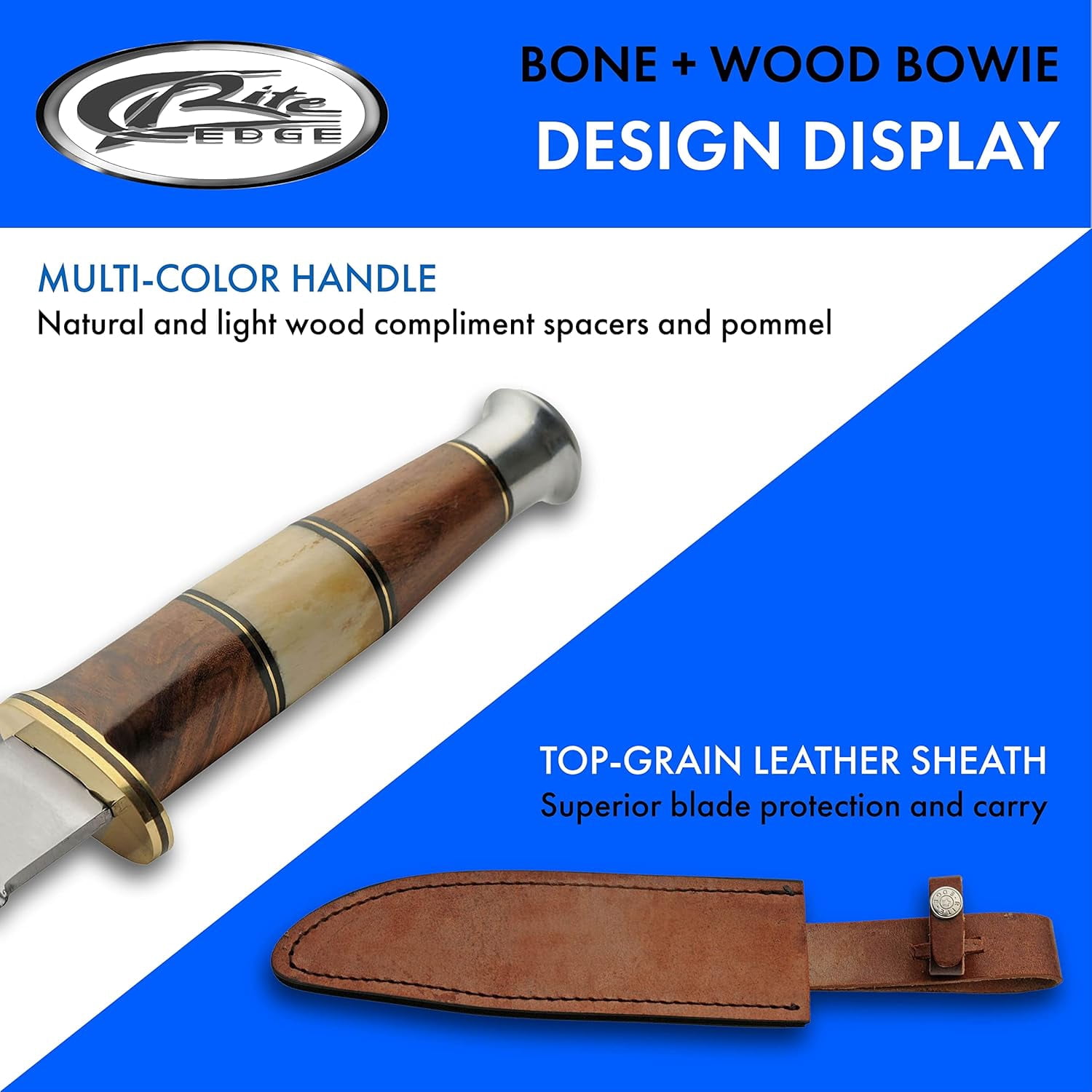 SZCO 10 Inch Fixed Blade Hunter Knife 5” Bone Wood Handle, Brass Guard & Pommel, Full Tang Outdoor Hunting Knife with Leather Sheath