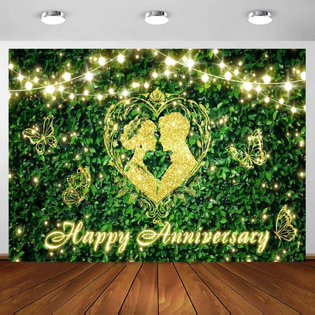 Happy Anniversary Backdrop 8 x 6 ft Polyester Green Grass Leaf Photography Background Flower Wall Butterfly Floral Bridal Shower Wedding Party Decoration Banner