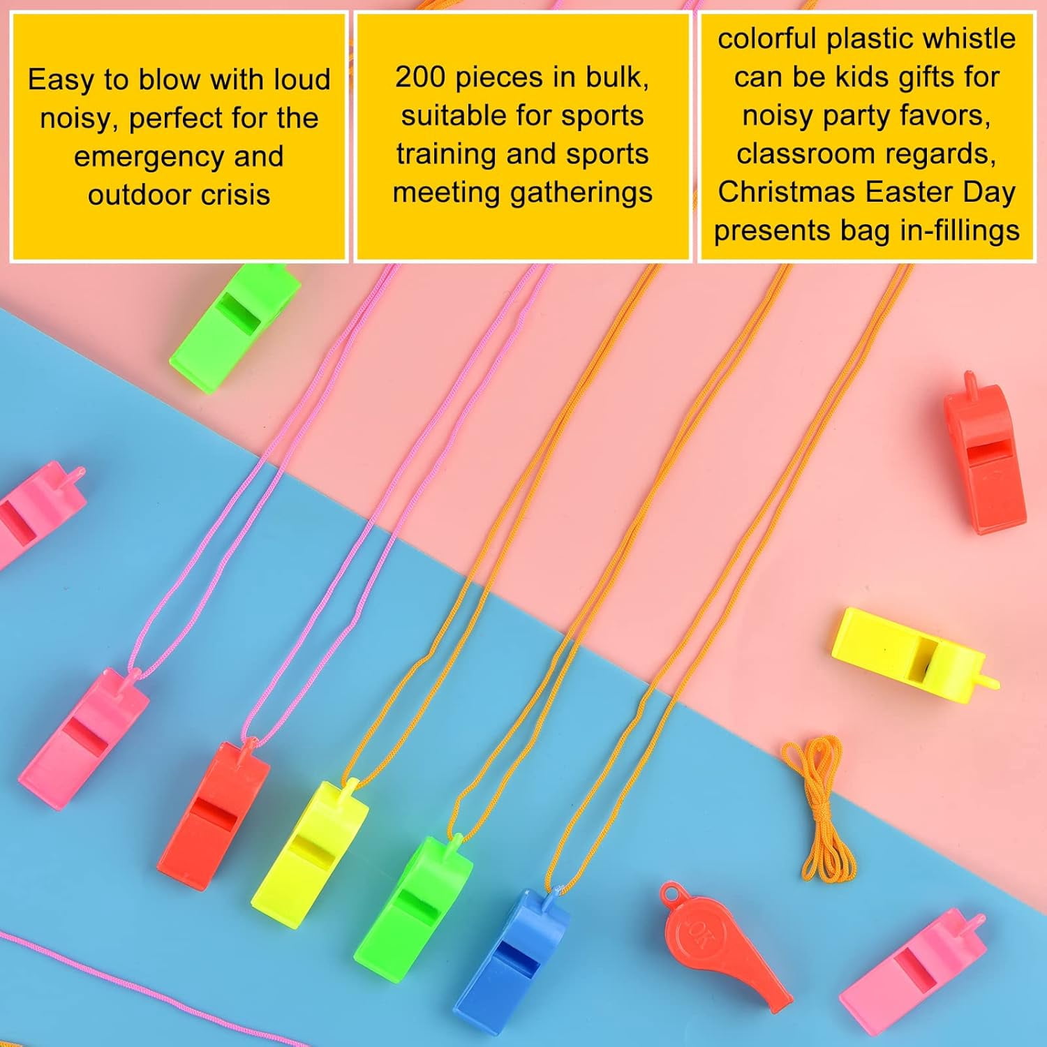 200 Pieces Plastic Whistles with Lanyard Loud Whistles Emergency Whistles Bulk for School Trainning Outdoor Hiking Sports Coaches Teacher Referees Whistle
