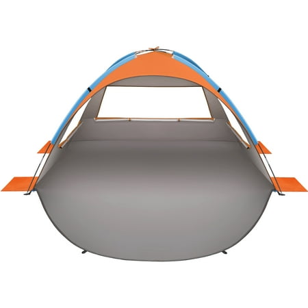 Oileus Beach Tent Pop Up Tents Sun Shade Shelter for 2-3 Person With UV Protection, Extended Floor, Mesh Roll Up Windows, Carry Bag, Stakes, 6 Sand Pockets, Lightweight and Easy Set Up, Orange