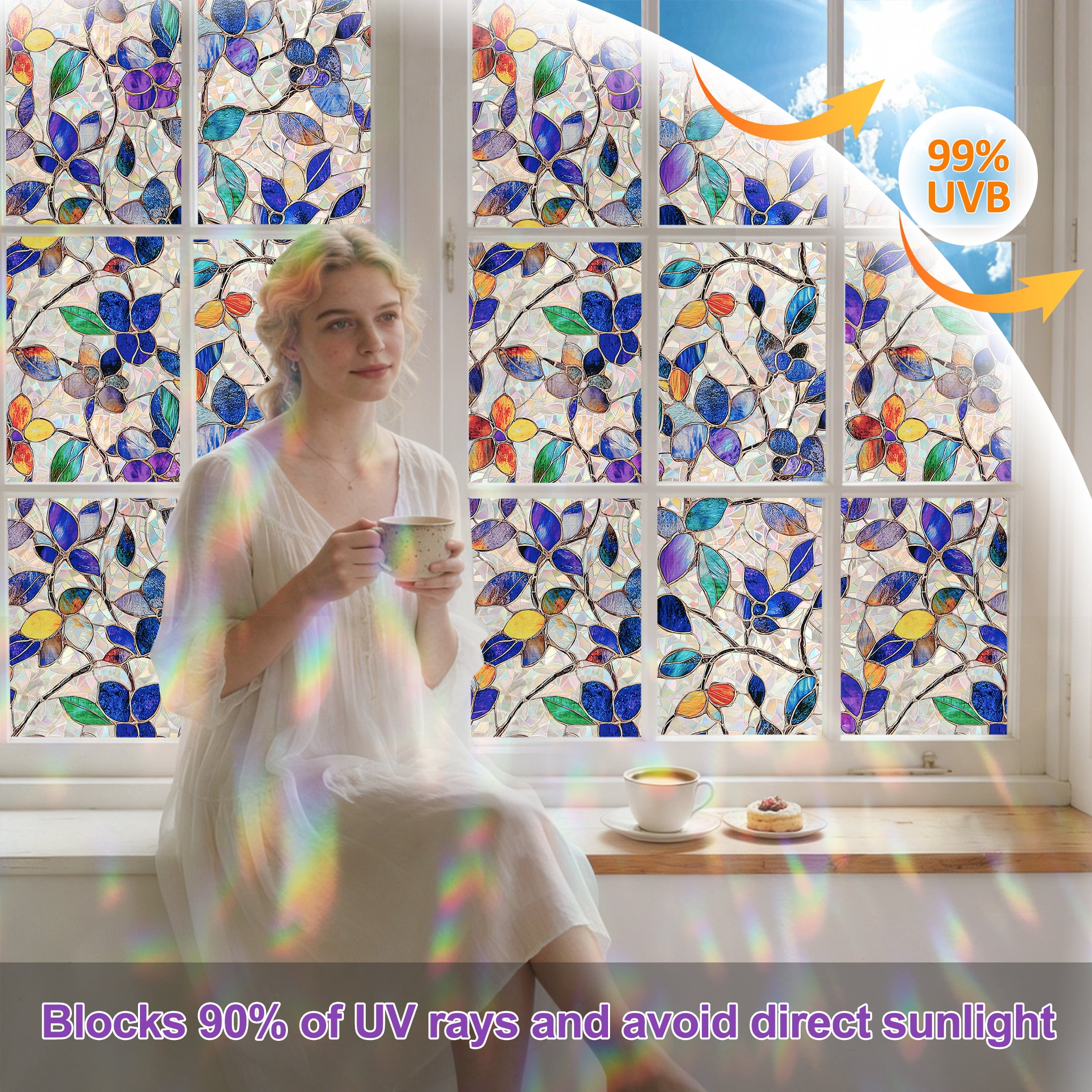 Countewol Window Privacy Film with Installation Tools Home Decorative Colored Glass Window Stickers Reusable electrostatic Rainbow Stickers