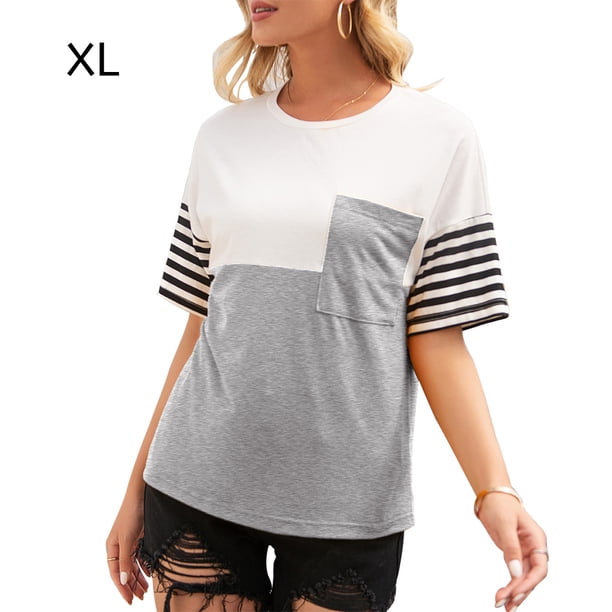 Camiseta de mujer a rayas, color block, manga corta, cuello redondo, camiseta holgada, gris, XL Vogacara AP001245-12
