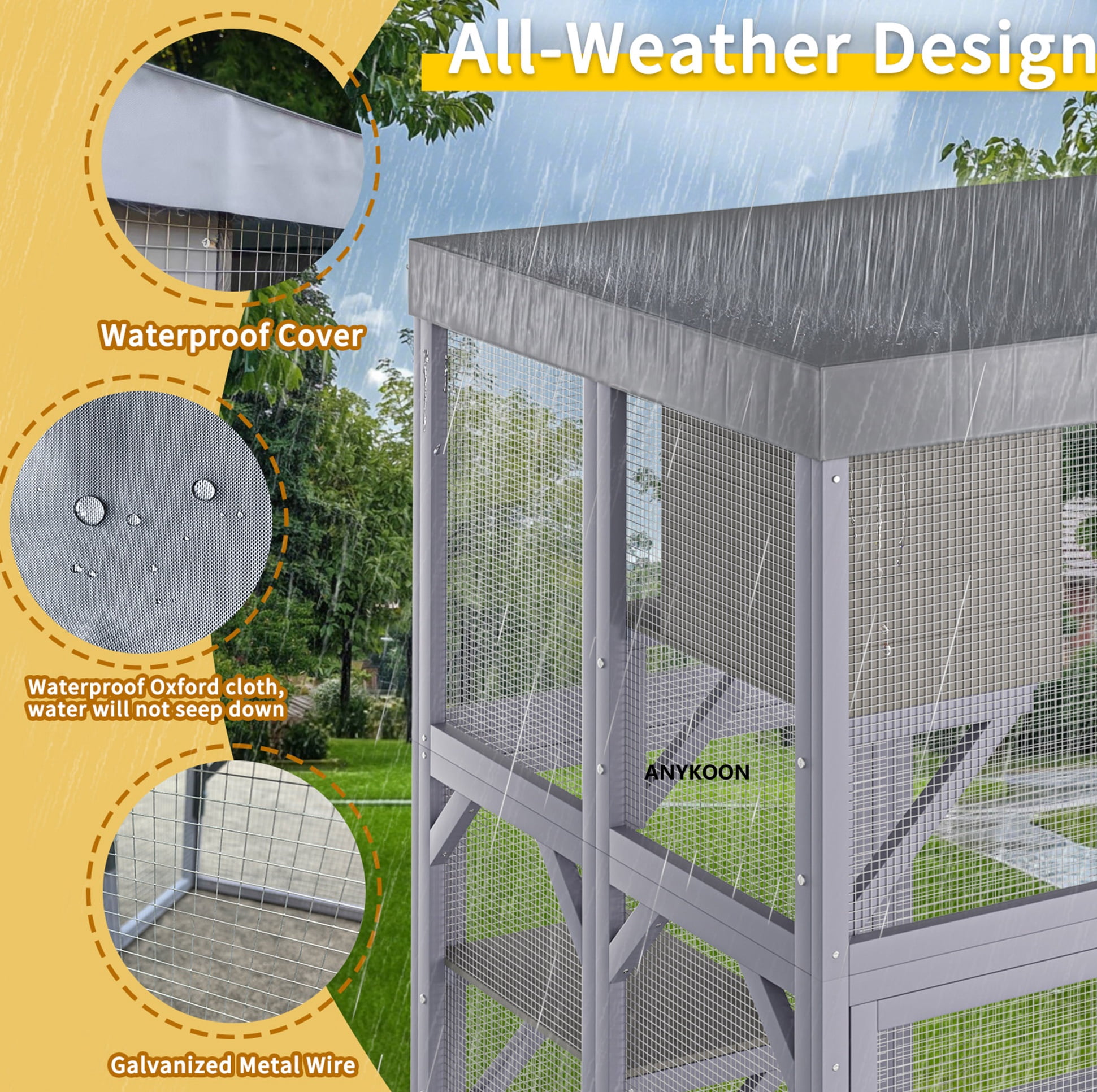 ANYKOON Large Outdoor Cat Enclosure Wooden Catio with 2 Houses & 4 Platforms, Safe Lockable Indoor/Outdoor Cat Cage for Play & Rest