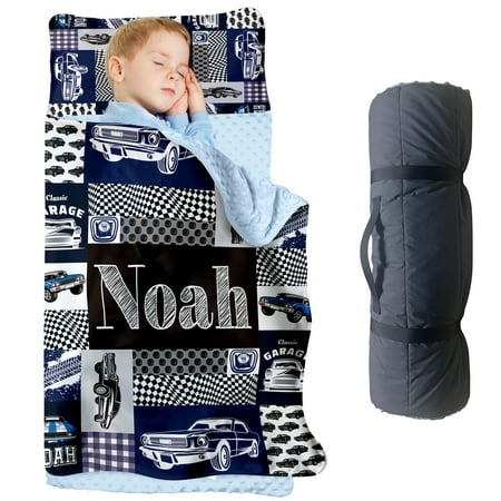 Personalized Toddler Nap Mats for Preschool Custom Name Navy Car Pattern Kids Sleeping Bag for Daycare Roll Up Sleeping Mat with Removable Pillow and Soft Dot Minky Blanke for Boys Camping Travel