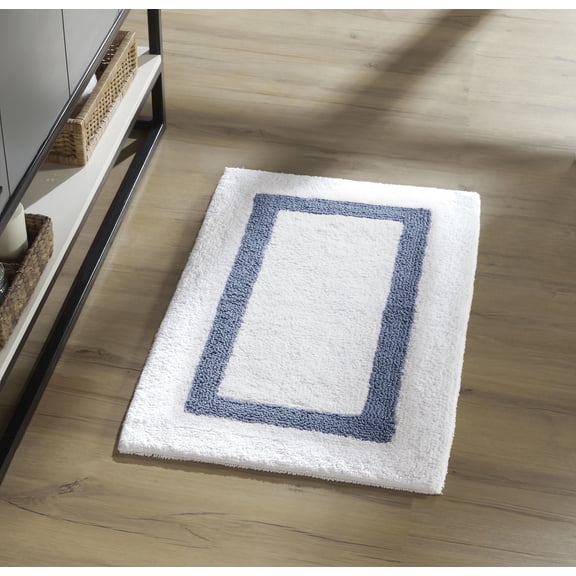 Better Trends Bathroom Rug 100% Cotton Reversible Machine Washable Super Soft, Plush & Absorbent Bath Rugs Suitable for Bathroom Floor, Tub, Shower 21" x 34" White & Dark Blue Hotel Collection