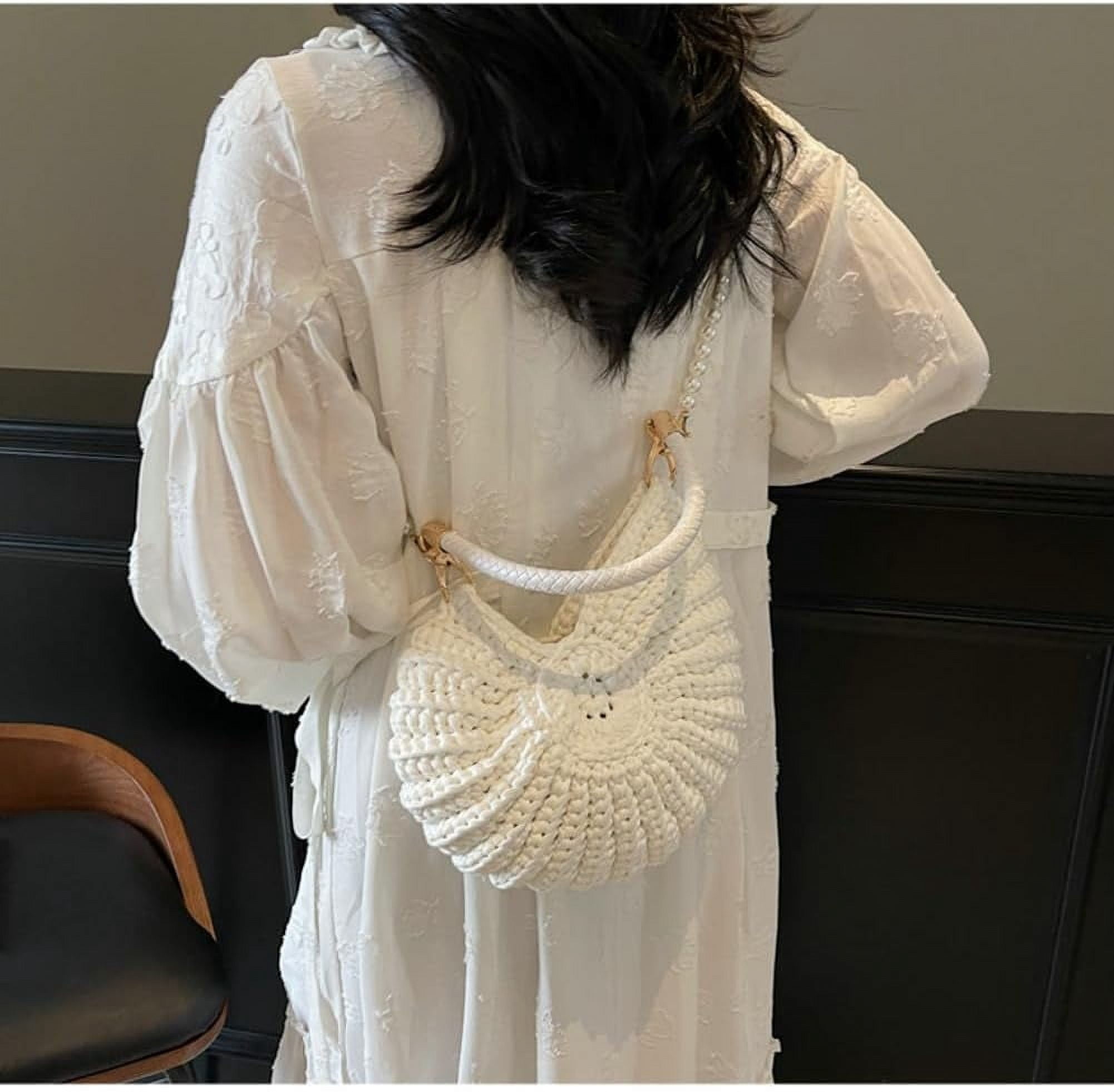 MMYGU Handwoven Seashell Bag for Women Crochet Beach Bag Boho Clutch with Pearl Strap Leather Handle Unique Design 2025