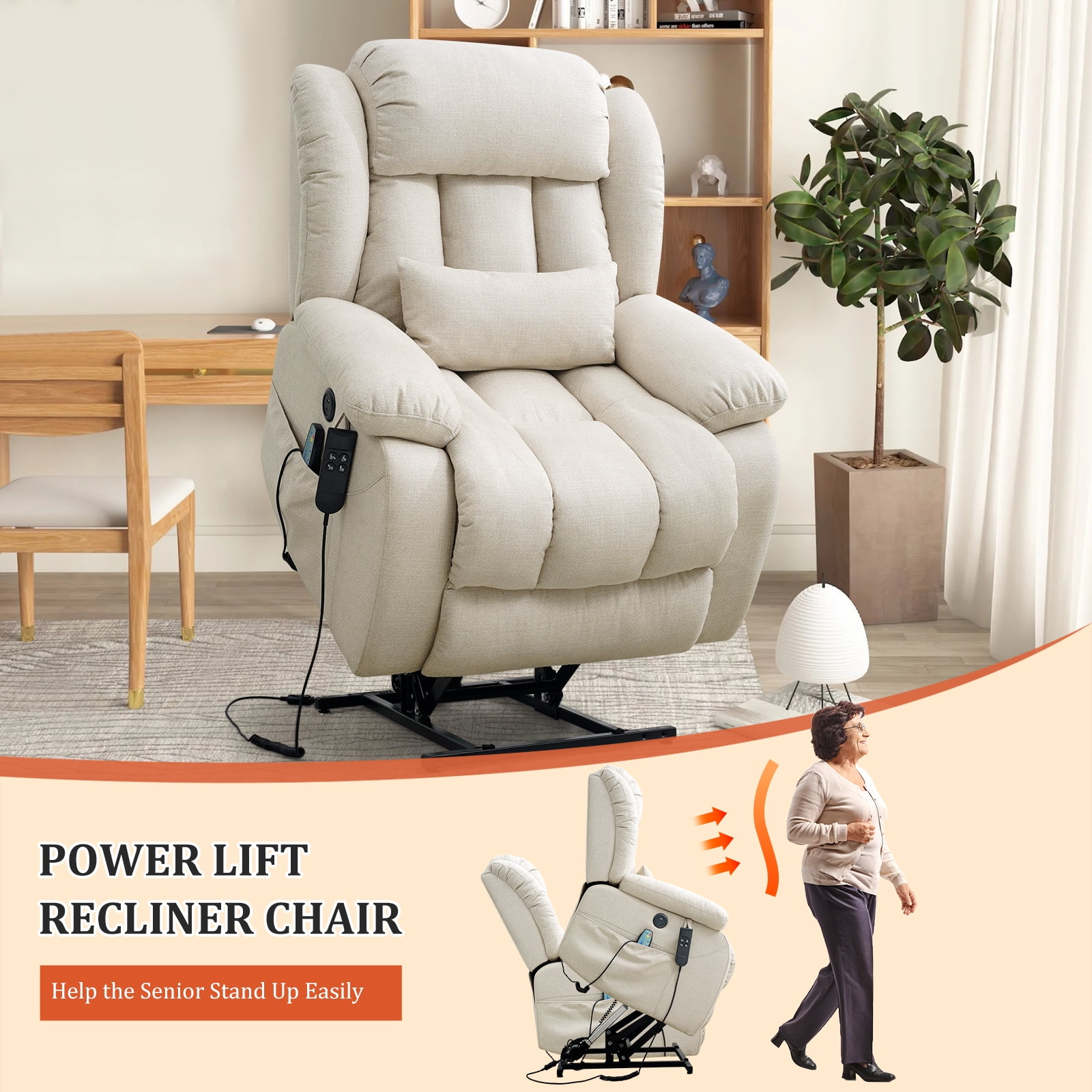 TEKAMON Infinite Position Lift Recliner Chair for Elderly with Heat and Massage Lay Flat Sleeping Power Lift Chair, Linen Fabric, Beige