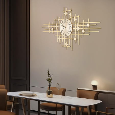 Modern Decorative Wall Clock Large Metal Wall Clock Stars Art Numeral Clock for Living Room Office Hotel Bar Gold 100*50cm/39.37*19.69in
