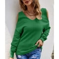 thumbnail image 2 of SWSMCLT Women's Halter Casual Fitted Cold Shoulder V Neck Sweater Soft Top Knit Spring Winter Pullover Green Large, 2 of 4