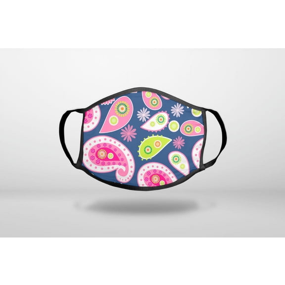 Pink Green Navy Paisley - 3-Ply Reusable Soft Cloth Face Covering, Unisex, Cotton Inner Layer