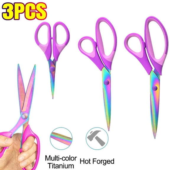 Craft Stainless Steel Titanium Coating Scissors Set of 3 - Multipurpose Fabric Scissors, Soft Grip Handle, Sharp Titanium Blades - Great for Office, Home (Purple)