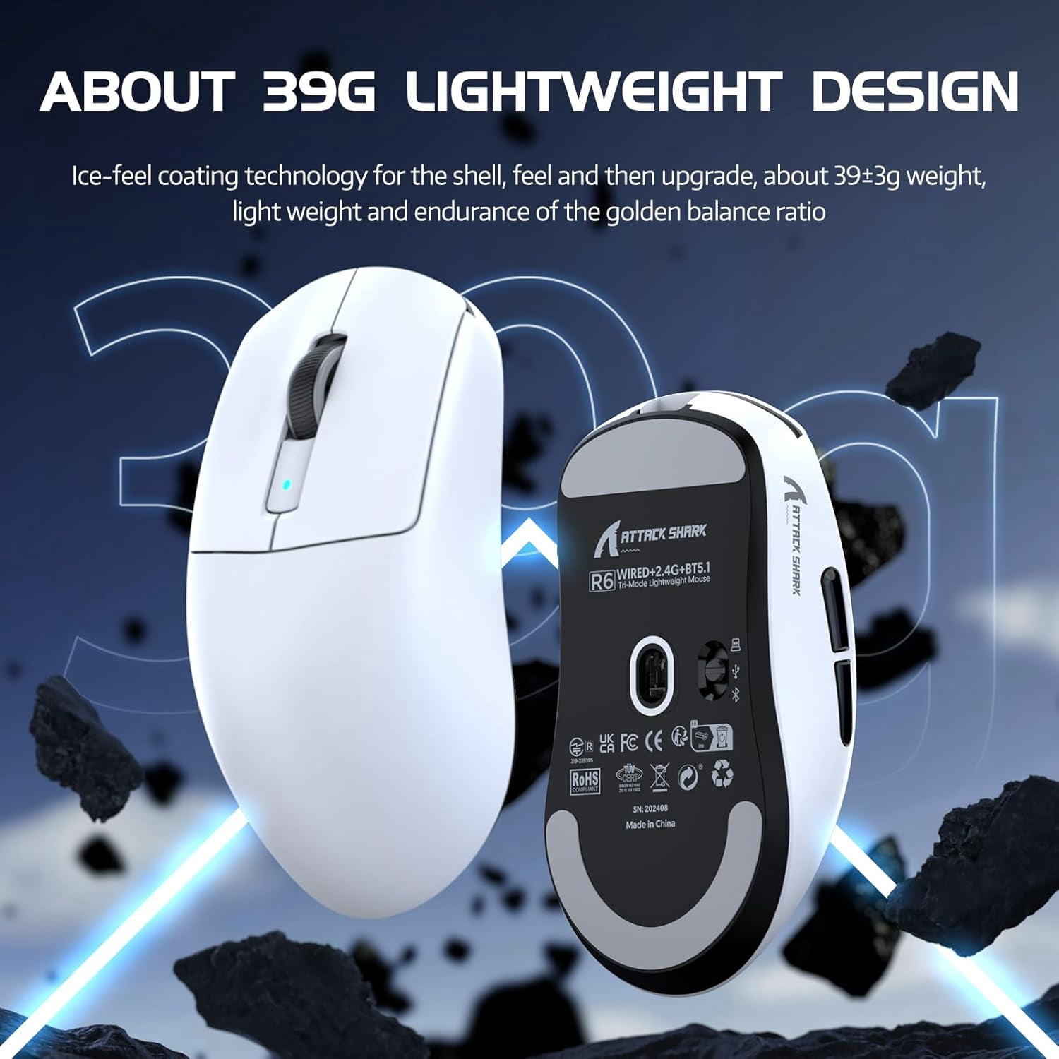 ATTACK SHARK R6 39g SUPERLIGHT Mouse, PixArt PAW3950MAX Gaming Sensor, Wireless 8K Mouse, MCU Nodic 52840, BT/2.4G/Wired Gaming Mouse, Adjustable DPI 42000, for Win11/Xbox/PS/Mac -White