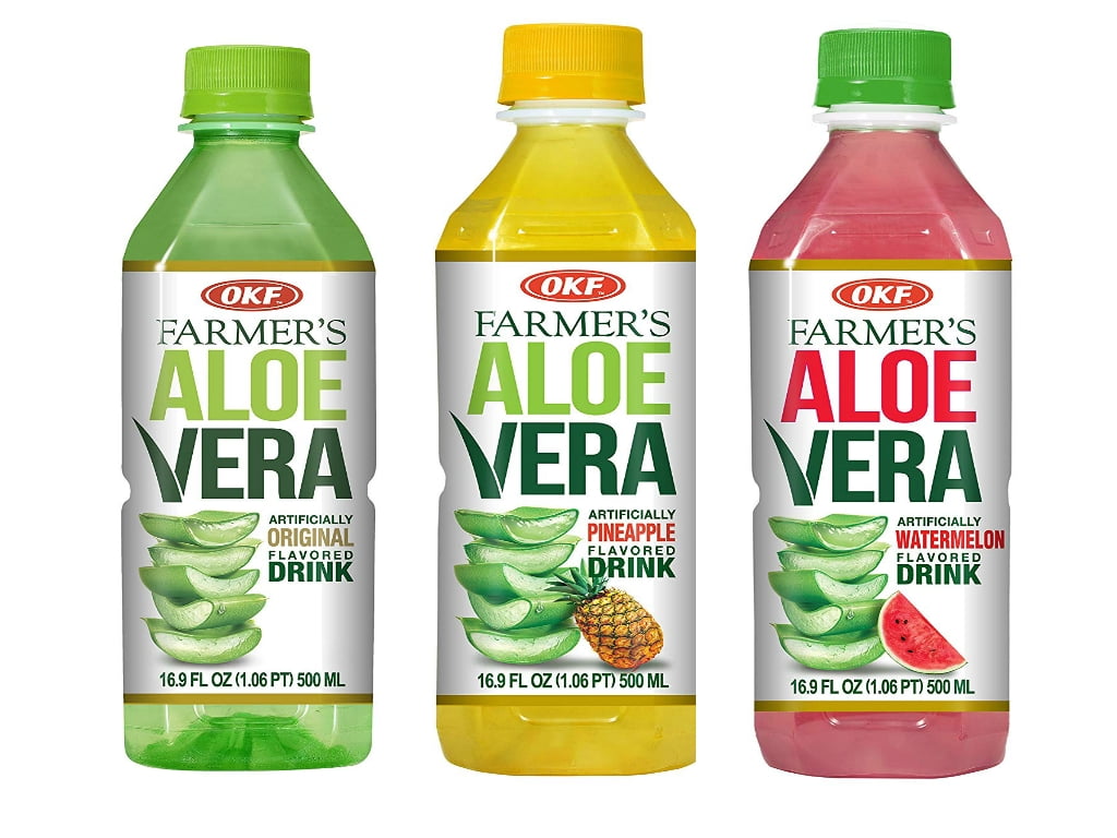 OKF Farmer's Aloe Vera Drink, Original, Pineapple and Watermelon, 16.9