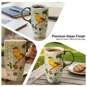 Topadorn Vintage Goldfinch Botanical Ceramic Travel Mug, 17oz, Bird & Floral Print, Spill-Resistant Lid, Microwave & Dishwasher Safe, Gift Boxed