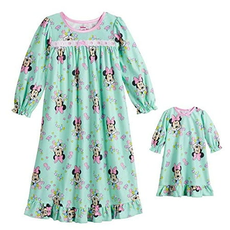 

Minnie Toddler Girl s Mint Green Floral Flannel Nightgown with Doll Gown (3T)