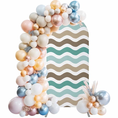 Teal Brown Ombre Arch Backdrop Cover 5Ft, Wedding Arch Covers Stretchy Backdrop, Geometric Striped Water Ripple White Fitted 2 Sided Arched Photo Background for Birthday Party Decorations