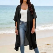 FNFYFH Womens Summer Long Flowy Kimono Cardigans Open Front Sheer Chiffon Cardigan Beach Cover Up Tops