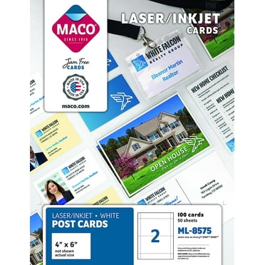 MACO Laser/Ink Jet White Post Cards, 4 x 6 Inches, 2 Per Sheet, 100 Per Box (ML-8575)