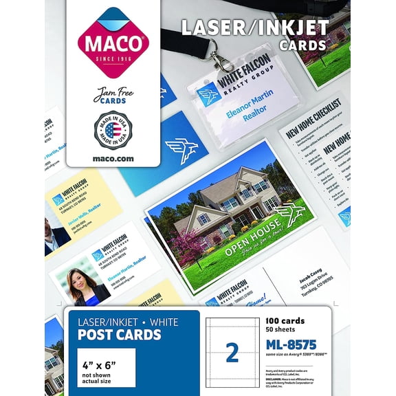 MACO Laser/Ink Jet White Post Cards, 4 x 6 Inches, 2 Per Sheet, 100 Per Box (ML-8575)