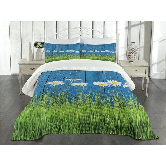 Ambesonne Flower Quilted Bedspread Set 3 Pcs, Spring Grass and Daisy, King Size, Blue Green White