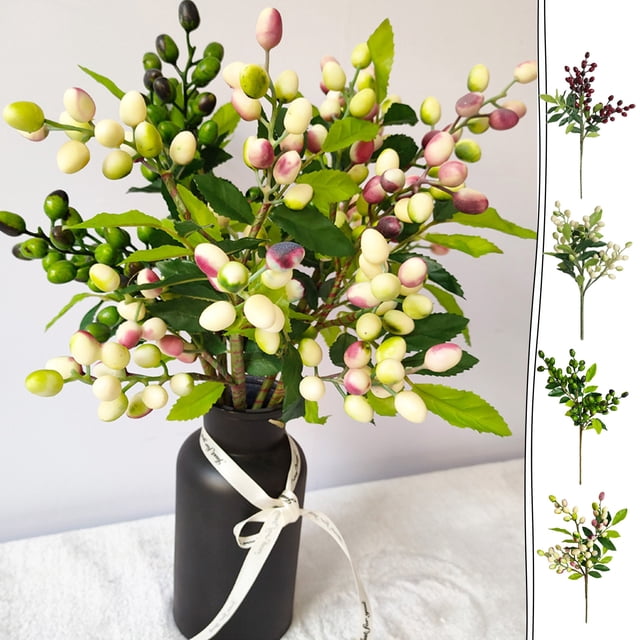 Rama de Olivo de Frutos Rojos Artificiales - Tallo floral fiestero realista, 39 cm de plástico realista púrpura, rojo verde blanco, acento de arreglo doméstico duradero