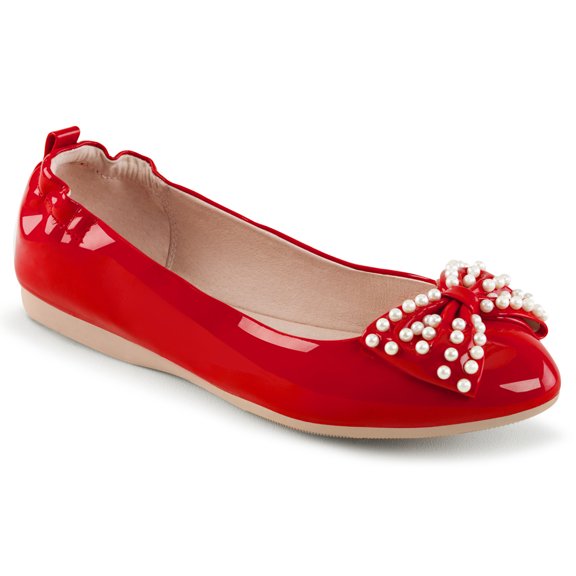 Pointed Toe Foldable Flats W/ Pearl Embellished Bow - Red Pat, 7