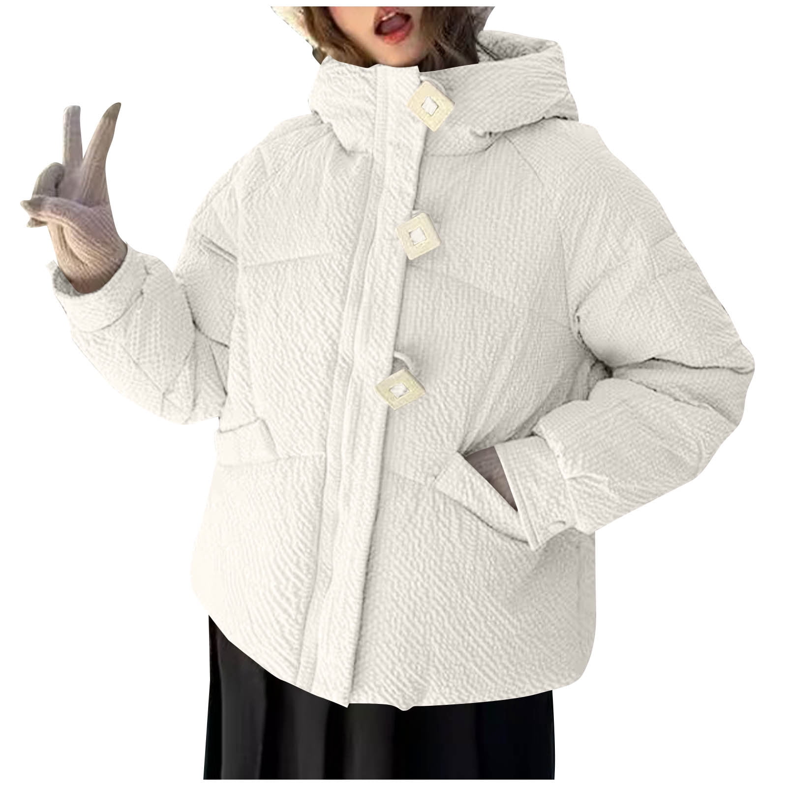 Dvprdro Women's Casual Hooded Long Sleeve Puffer Jacket Winter Buttons Zip Front Quilted Coat with Pockets
