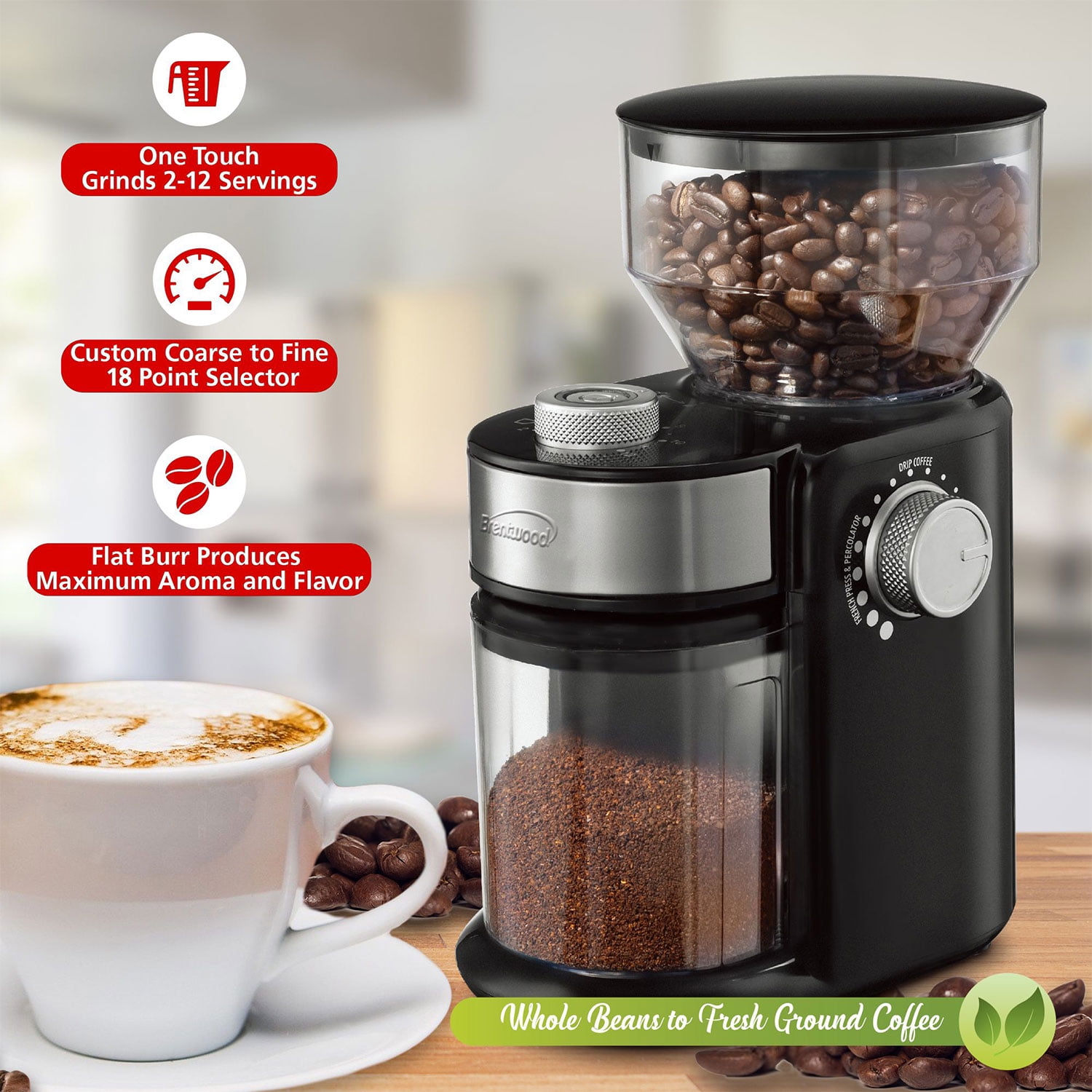 Brentwood 9 Ounce Automatic Burr Coffee Bean Blender Grinder Mill, Black