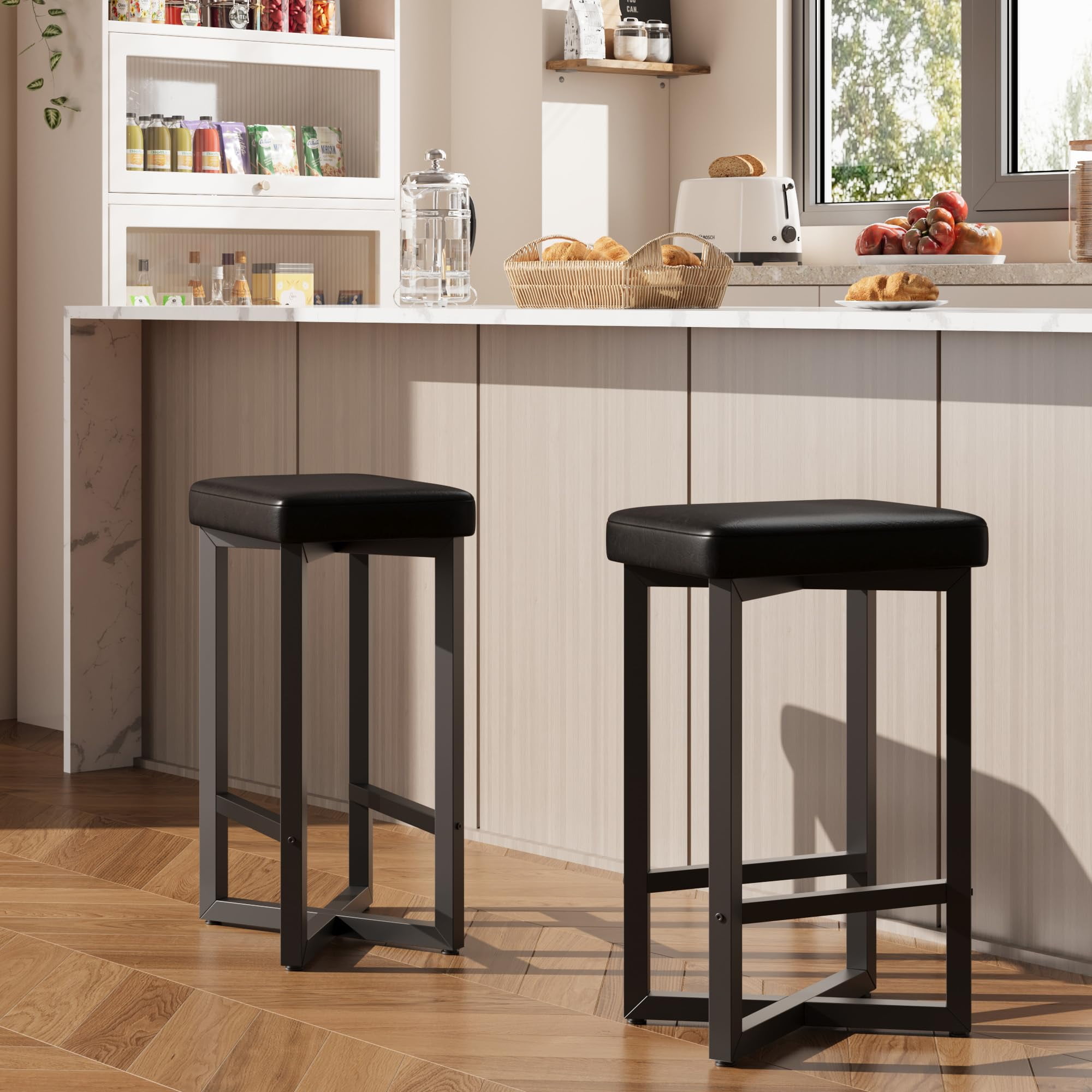 Counter Height Bar Stools Set of 2, 24.6 Inch Barstools for Kitchen Island Counter, PU Leather Kitchen Stools with Thick Saddle Seats & Heavy Duty Metal Base, Easy Assembly, All Black
