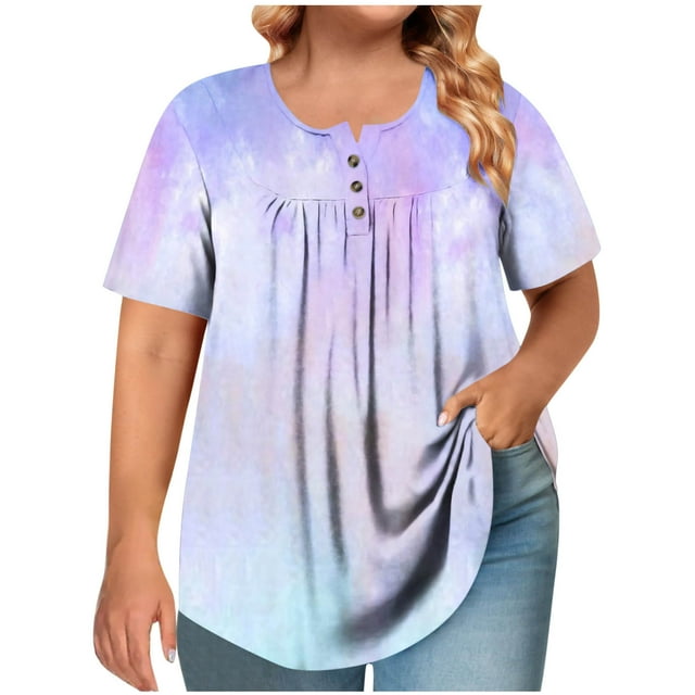 Tops de Tamaño Más de las Mujeres, Manga Corta de Tamaño Más, Cuello Redondo Botón Arriba Plisado Superior