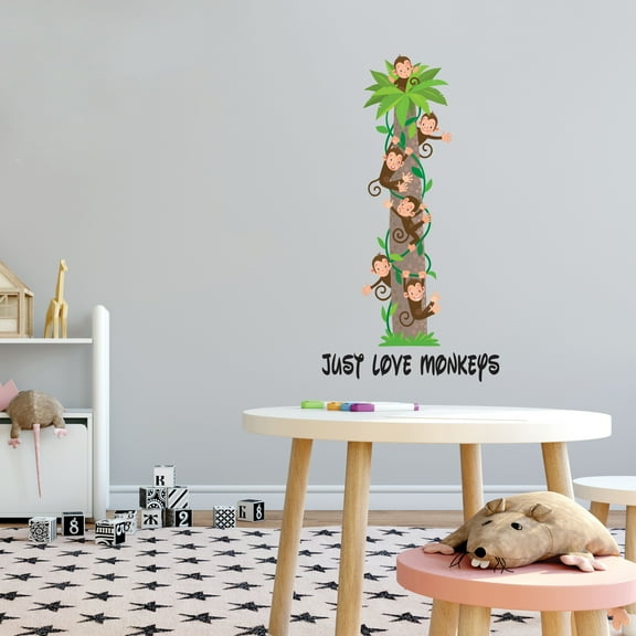 MONKEYS - Home Art Animal Lover Bedroom Wall Decoration Sticker Monkeys & Tree Multicolored Clipart Design Vinyl Wall Decal Quotes - Just Love Monkeys 5" x 10"
