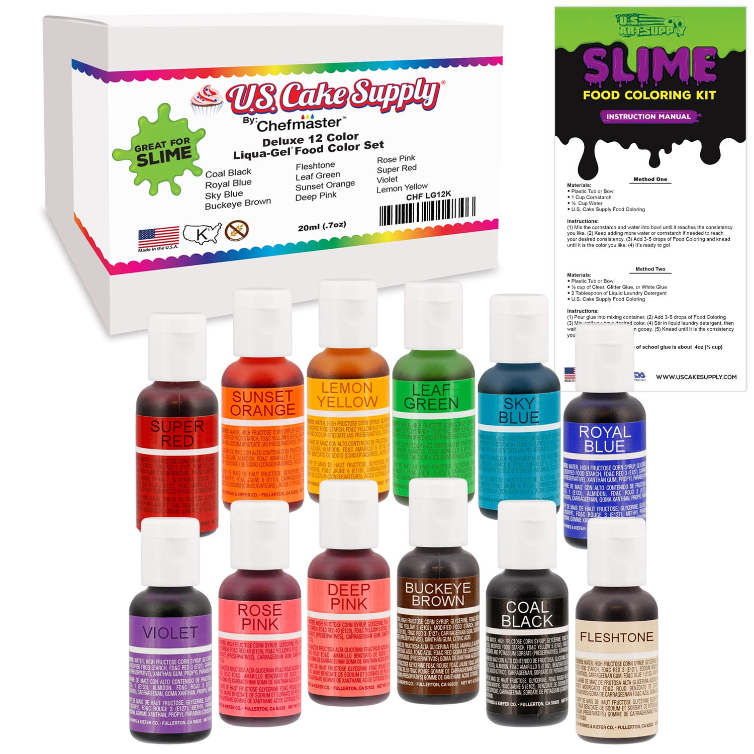 U.S. Art Supply 12 Color Liqua-Gel Slime Making Food Coloring Dye Kit - Non-Toxic, Food Grade