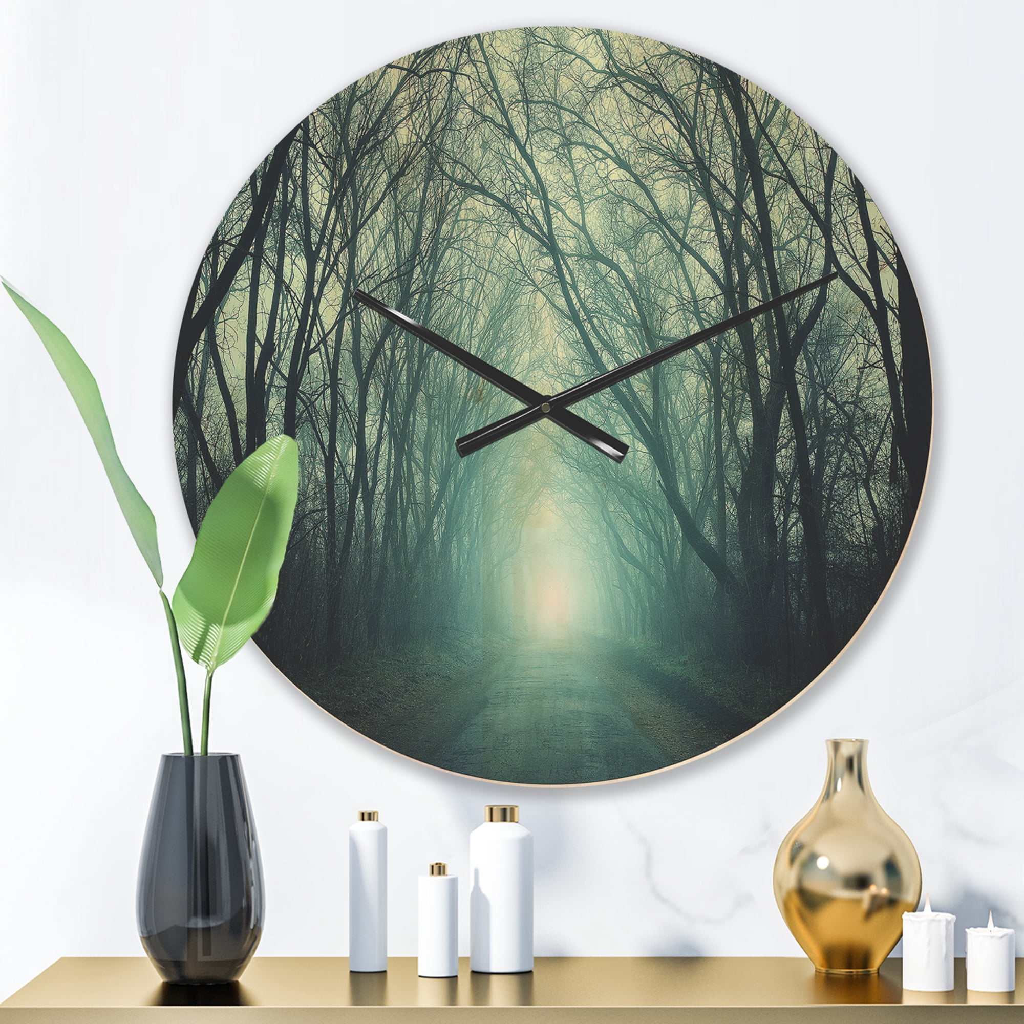 Designart 'Path in Fall Forest with Green Light ' Farmhouse Wood Wall Clock