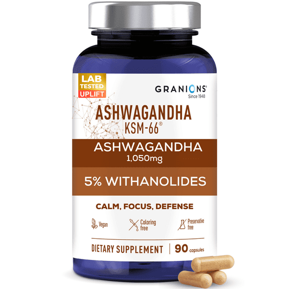 Granions KSM66 Ashwagandha Supplements - 1,050 mg, 5% Withanolides - Vegan Stress & Focus Support - 90 Capsules