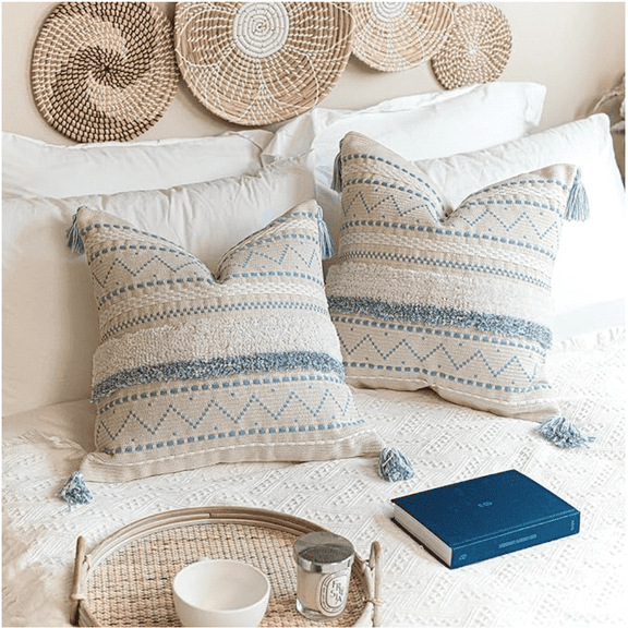 BlissBlush Blue Coastal Decorative Throw Pillow Cover 18X18 Combo Set of 2 Square Boho Accent Pillowcase Tassels Farmhouse Cushion for Couch Sofa Bedroom Living Room Home Décor Cover ONLY