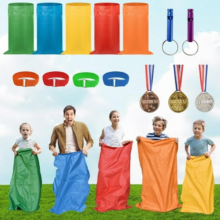 Natonhi 14pcs Potato Sack Race Bags, Outdoor Games Sack Race Bags Kit Include Potato Sacks, 3-Legged Race Bands, Plastic Medals Outdoor Lawn Party