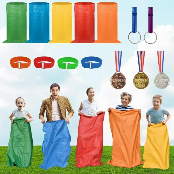 Natonhi 14pcs Potato Sack Race Bags, Outdoor Games Sack Race Bags Kit Include Potato Sacks, 3-Legged Race Bands, Plastic Medals Outdoor Lawn Party