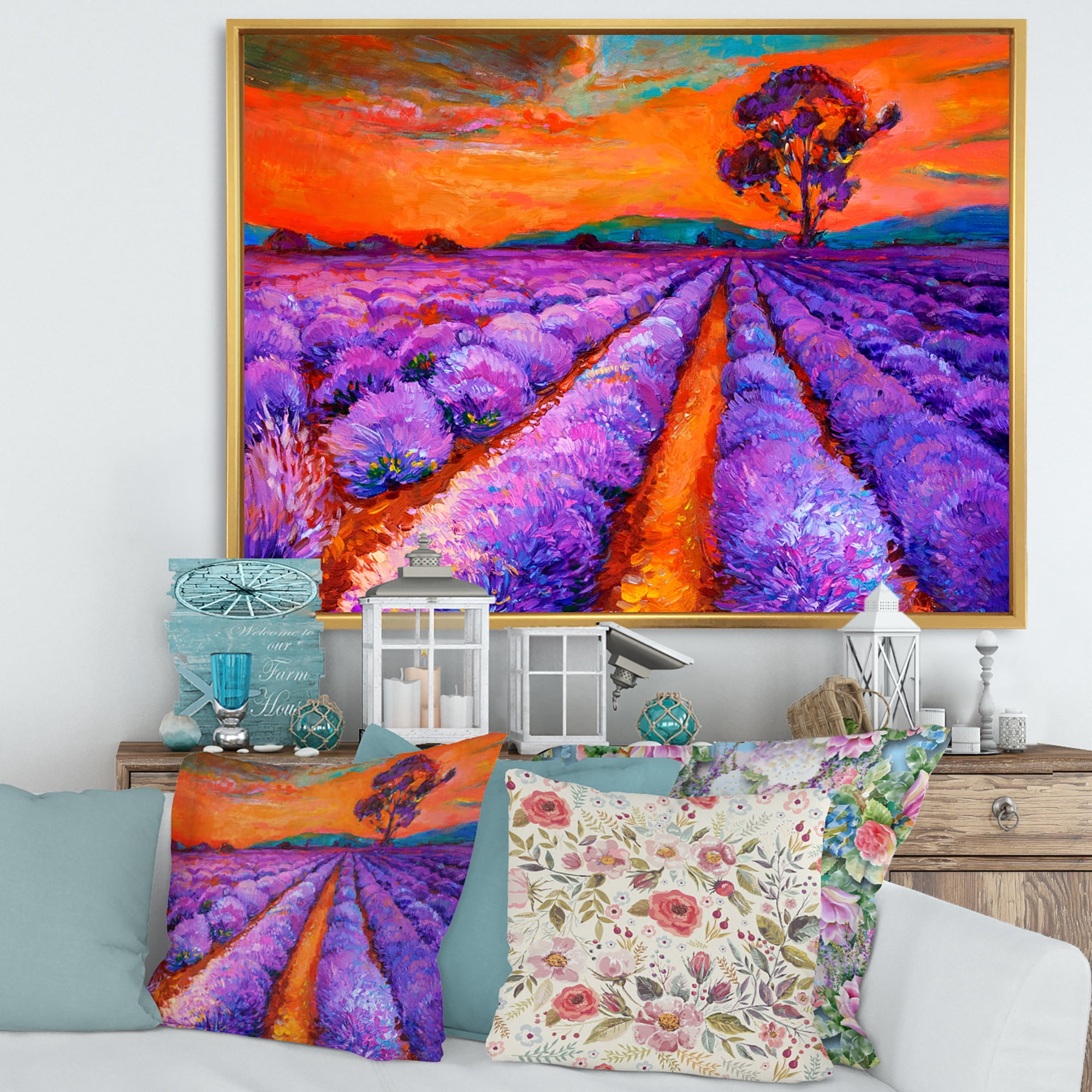 An Orange Sunset Over Purple Lavender Fields I 32 in x 24 in Framed Painting Canvas Art Print, by Designart