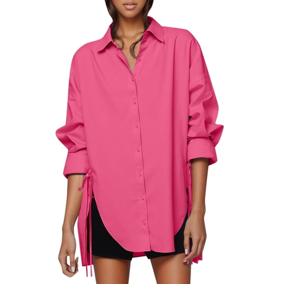 Early Autumn Women's Loose Fit Shirt with Front Short Back Long Hemline and Belted for Stylish Layering