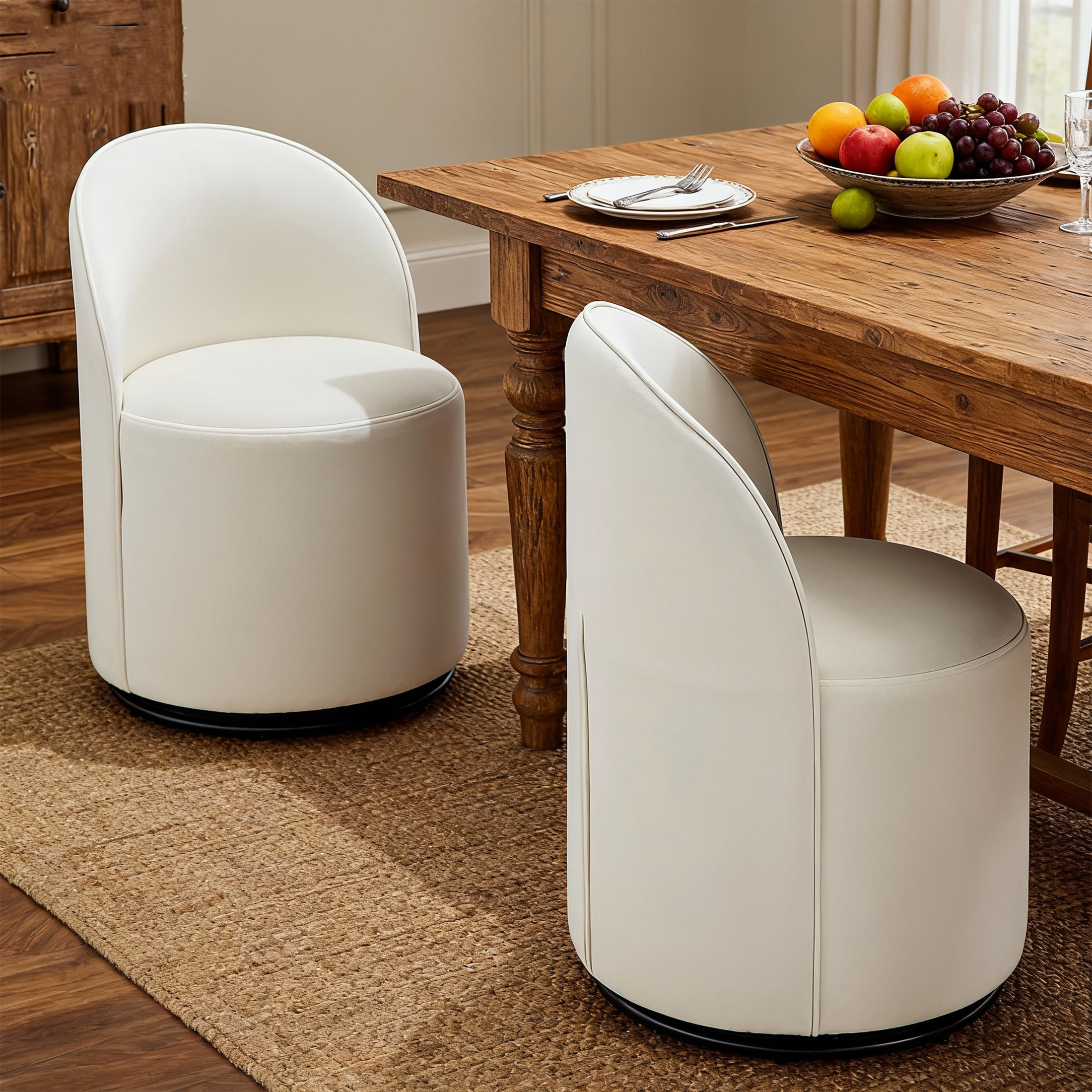 Guyou 360° Swivel Barrel Dining Chair Set of 2, Mid-Century Modern Upholstered Barrel Accent Chair, Velvet Round Vanity Chair for Dining Room Living Room Bedroom, White