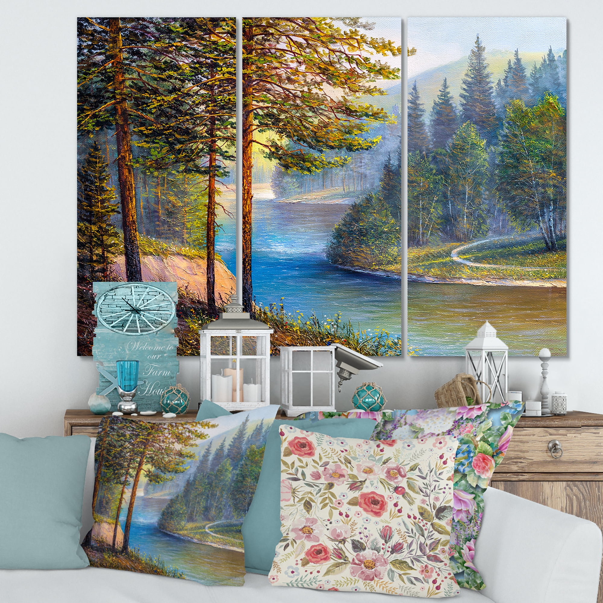 Designart ' Sunrise Glow Through The Pine & Fir Forest ' Lake House Canvas Wall Art Print