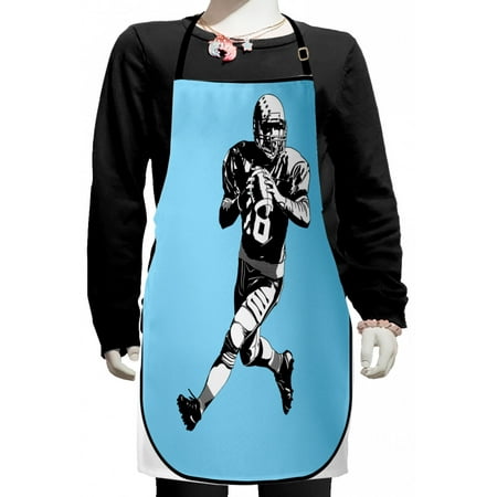 

Sports Kids Apron American Football League Game Rugby Player Run Original Retro Illustration Boys Girls Apron Bib with Adjustable Ties for Cooking Baking Painting Blue Black White by Ambesonne