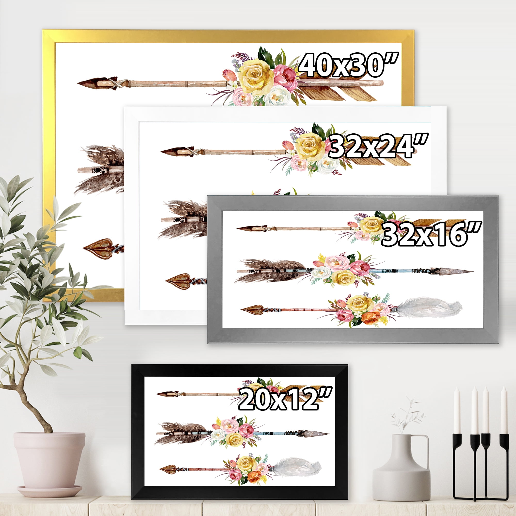 Designart 'Flowers and Ethnic Feathers On Native Arrows II' Bohemian & Eclectic Framed Art Print