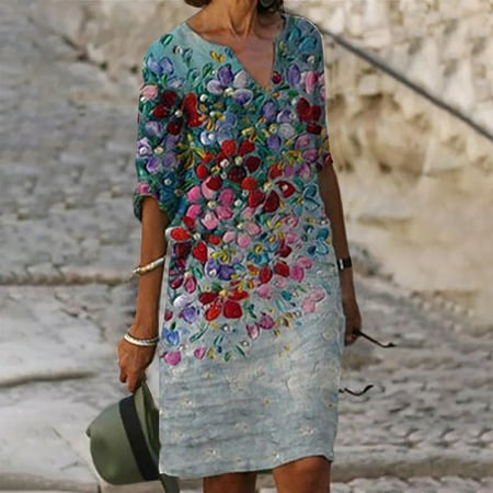

Leesechin Womens Dresses Clearance 3/4 Sleeves Dresses Flowers Printed Waist Sundress V-Neck Knee-length Dress