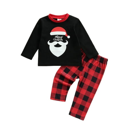 

TheFound Toddler Baby Girl Boy Christmas Outfits Cartoon Santa Claus Printed T-Shirt Tops Plaids Pants Clothes