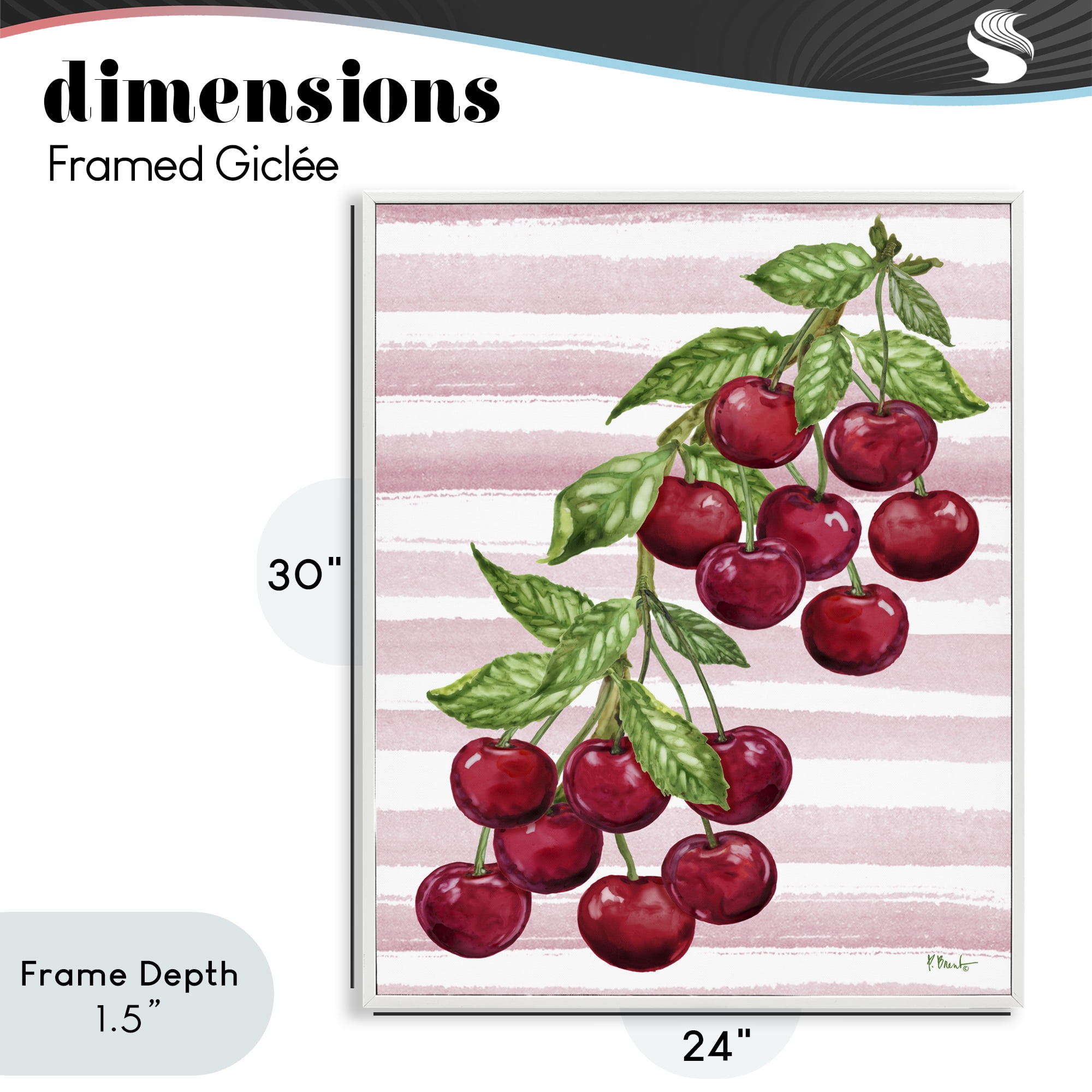 Stupell Industries Juicy Cherry Vine on Stripes White Framed Giclee Art, design by Paul Brent