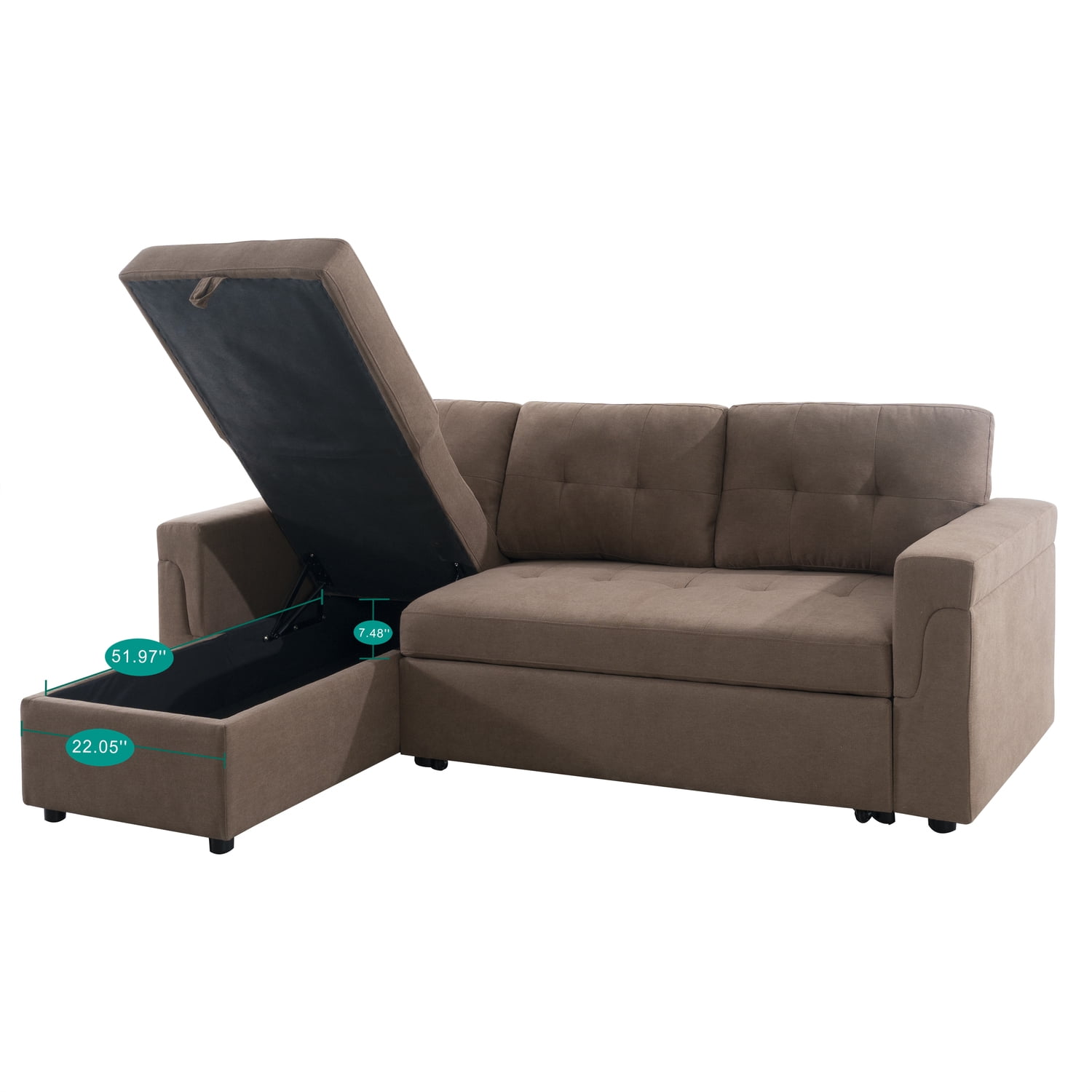 Naomi Home Sectional Sofa Sleeper with Storage Chaise, Tufted Pull-Out Couch with Storage, Sectional Sofa Bed, L-Shaped Reversible Sleeper Sofa with Storage, Mocha, Velvet
