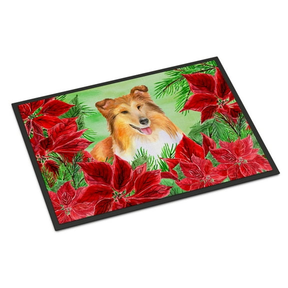 Carolines Treasures CK1367MAT Sheltie Poinsettas Door Mat Indoor Rug or Outdoor Welcome Mat 18x27 Doormat  27"L x 18"W